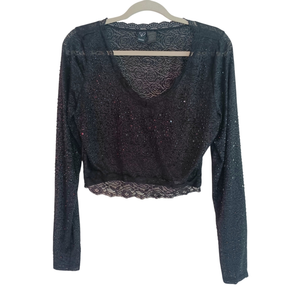 Windsor‎ Blouse Size Large Black Beaded Sparkle Lace Long Sleeve Crop Cover Up